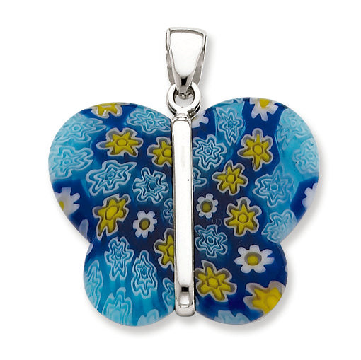 Sterling Silver Blue Glass Polished Fancy Butterfly Pendant