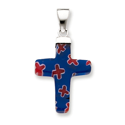 Sterling Silver Blue & Red Glass Polished Cross Pendant