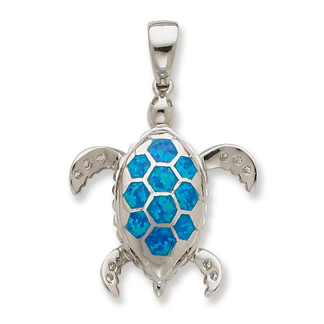 Sterling Silver Created Blue Opal Inlay & CZ Tortoise Pendant