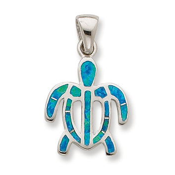 Sterling Silver Created Blue Opal Inlay Tortoise Pendant