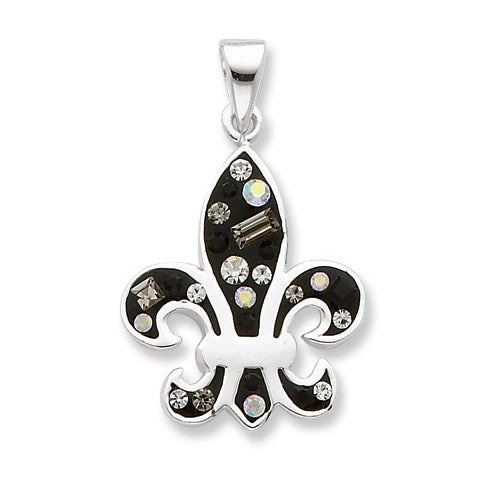 Sterling Silver Enameled & Crystal Black Fleur De Lis Pendant