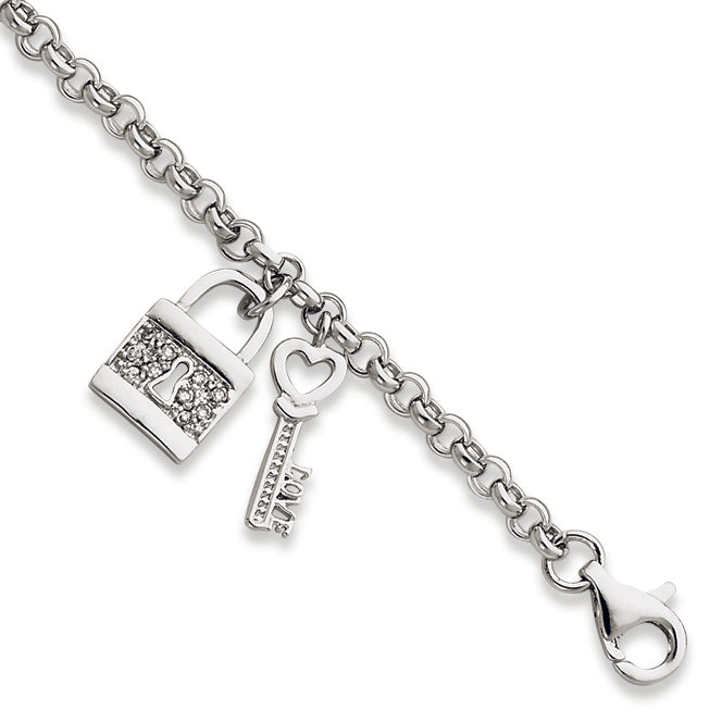 Sterling Silver CZ Lock & Key Dangle Rolo Bracelet