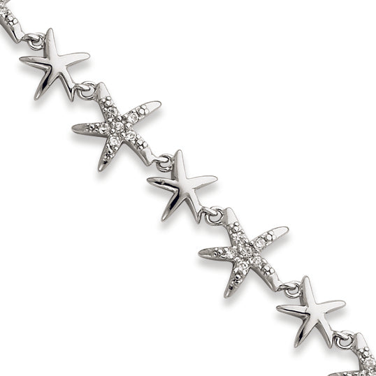 Sterling Silver 7.25in Alternating Polished & CZ Starfish Link Bracelet
