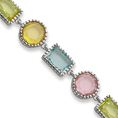 Sterling Silver 7in Pink, Green, Champagne and Blue CZ Bracelet