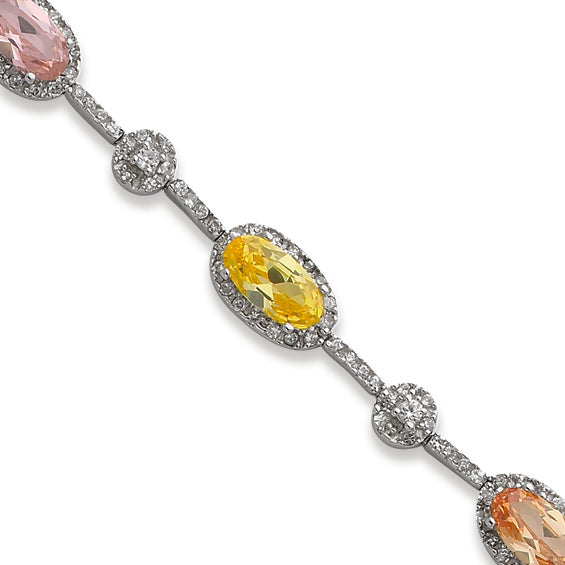 Sterling Silver 7.25in Pink-Green-Champagne-Citrine Oval CZ Bracelet