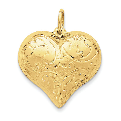 14K Gold Scrolled Puffed Heart Pendant