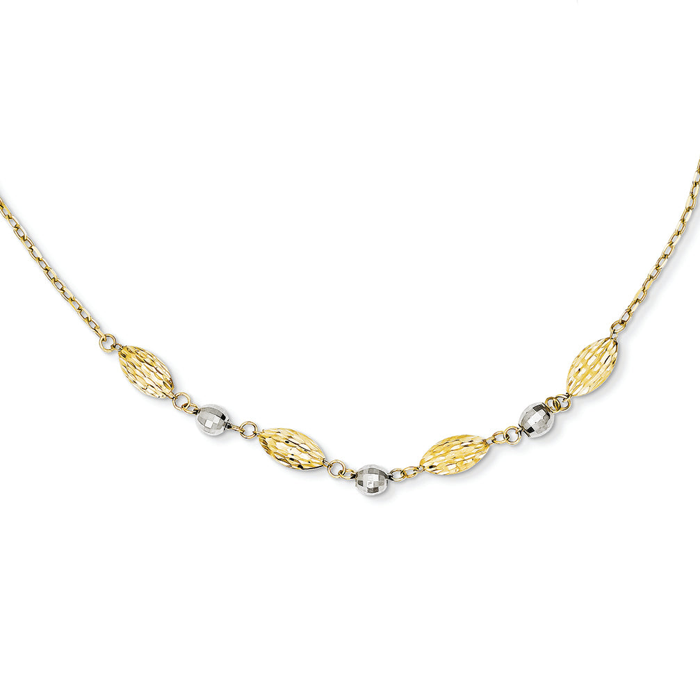 14K Gold Two-Tone Puff Rice & Mirror Bead w2in Extension Necklace 16 Inches