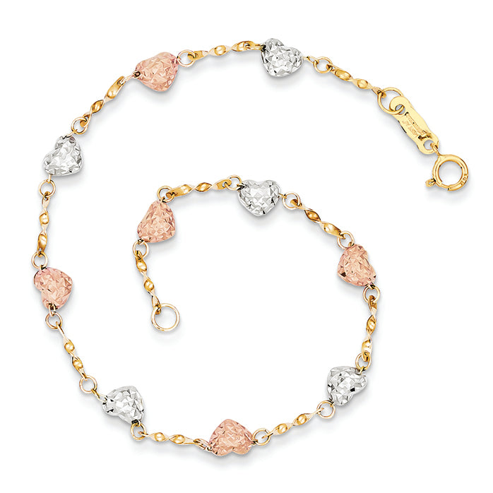 14K Gold Tri-color Puff Heart Bracelet 7 Inches