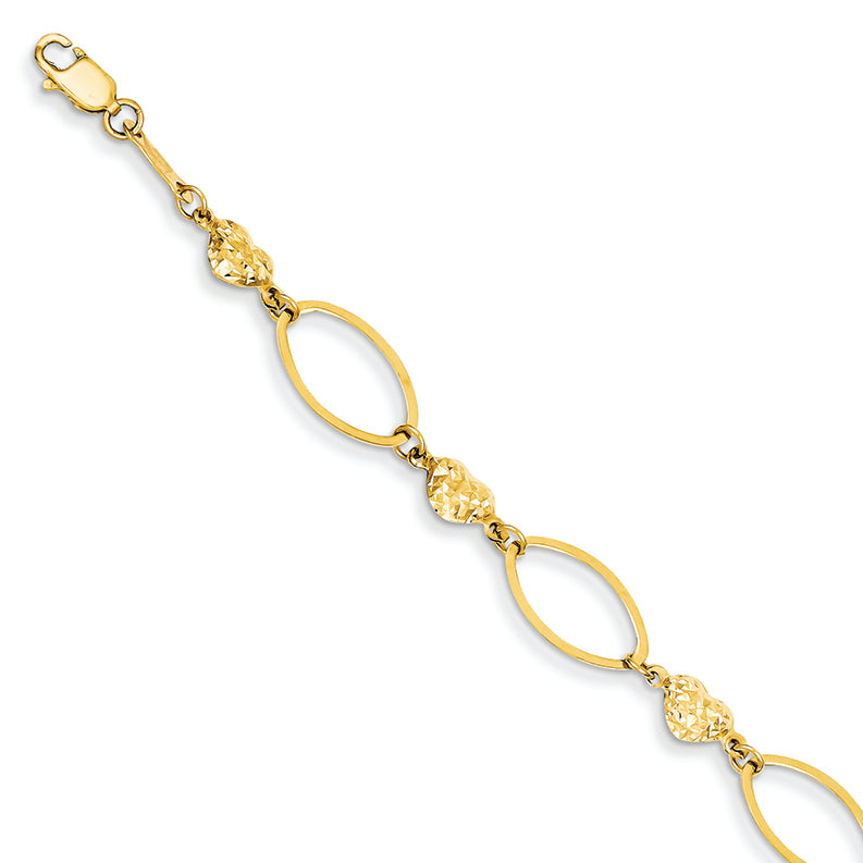 14K Gold Puff Heart & Flat Oval Bracelet 7.25 Inches
