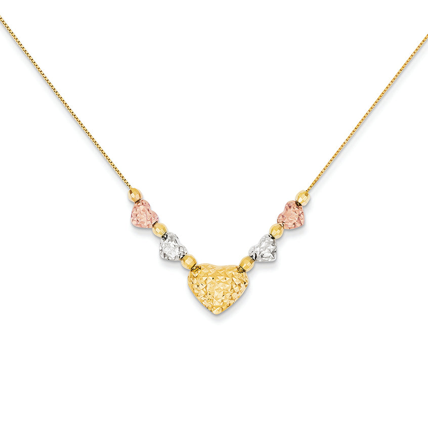 14K Gold Tri-color Puff Teardrop Necklace 18 Inches