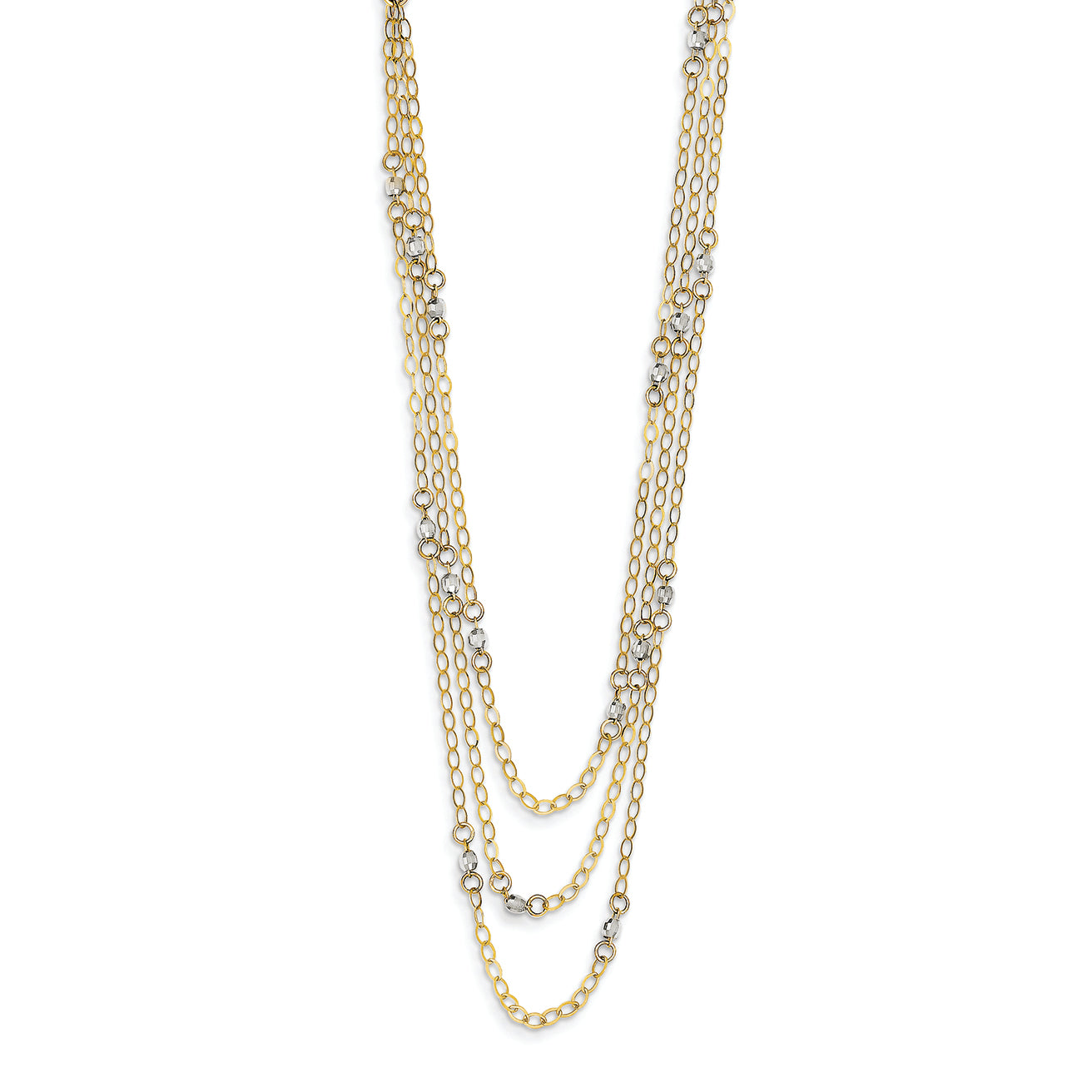 14K Gold Two-tone Triple Strand w/Beads with 2in ext Necklace 16 Inches