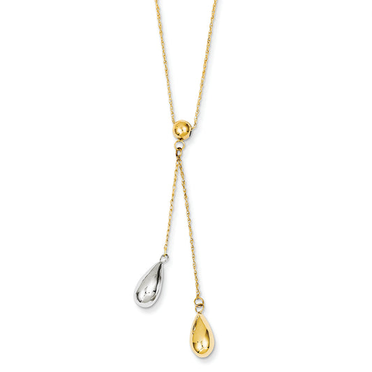 14K Gold Yellow and White Gold Teardrop Puff Lariat Necklace 18 Inches
