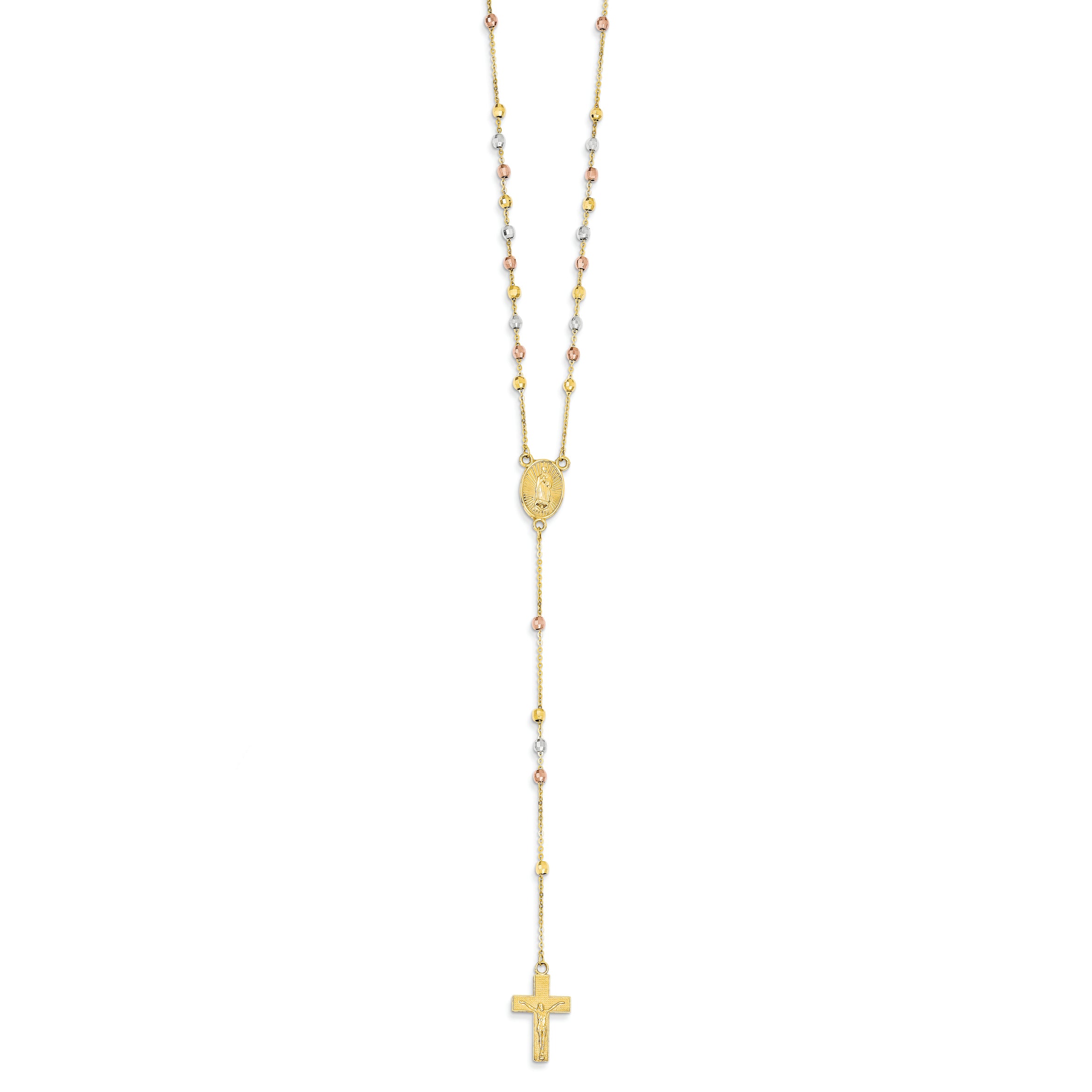 14K Gold Tri-color 17in 2.5mm Beads Rosary Necklace 17 Inches
