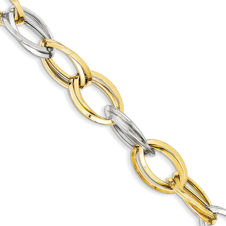 14K Gold Two-tone Polished & Textured Hollow w/ext. Bracelet 8 Inches