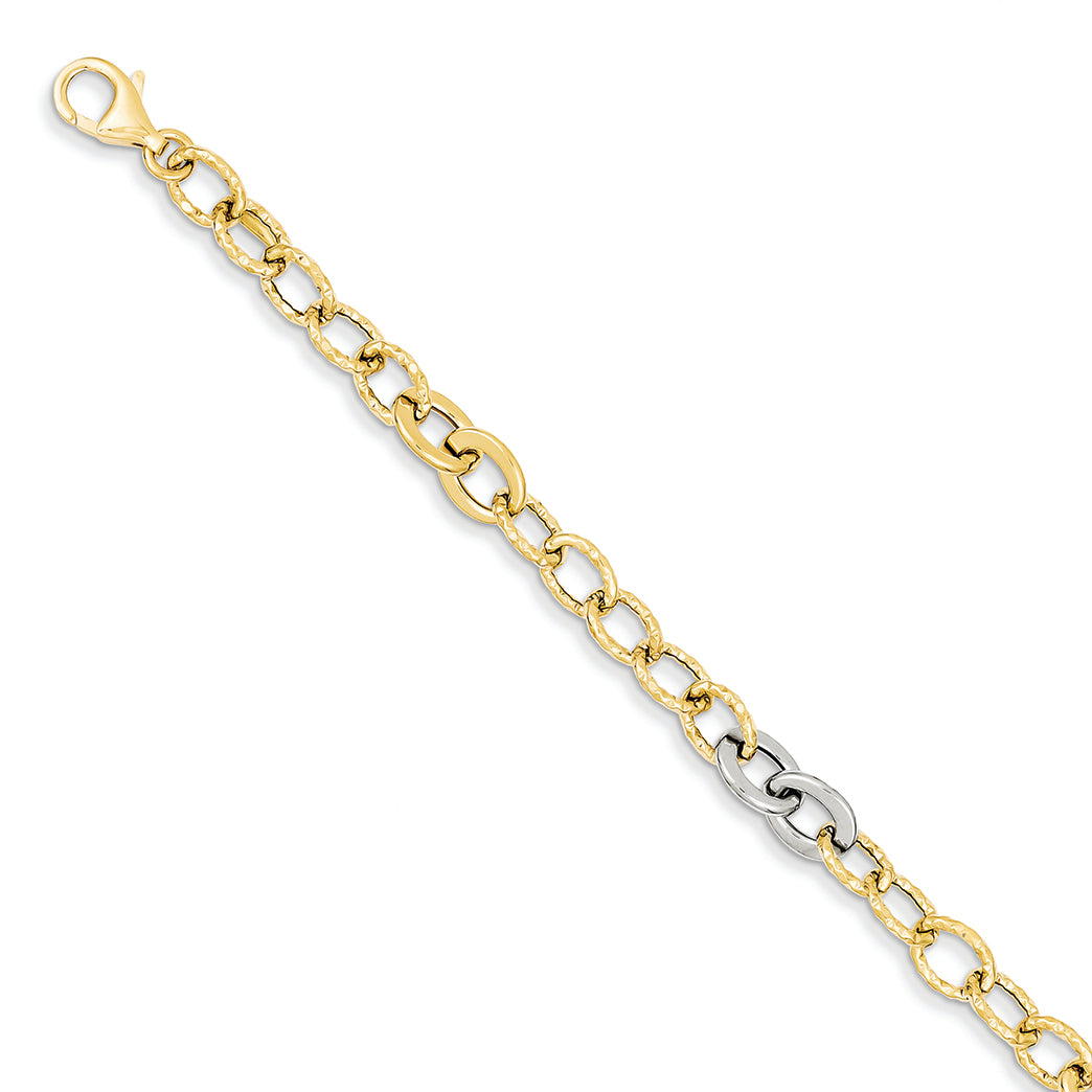 14K Gold Two Tone Polished Fancy Link Bracelet 7.5 Inches