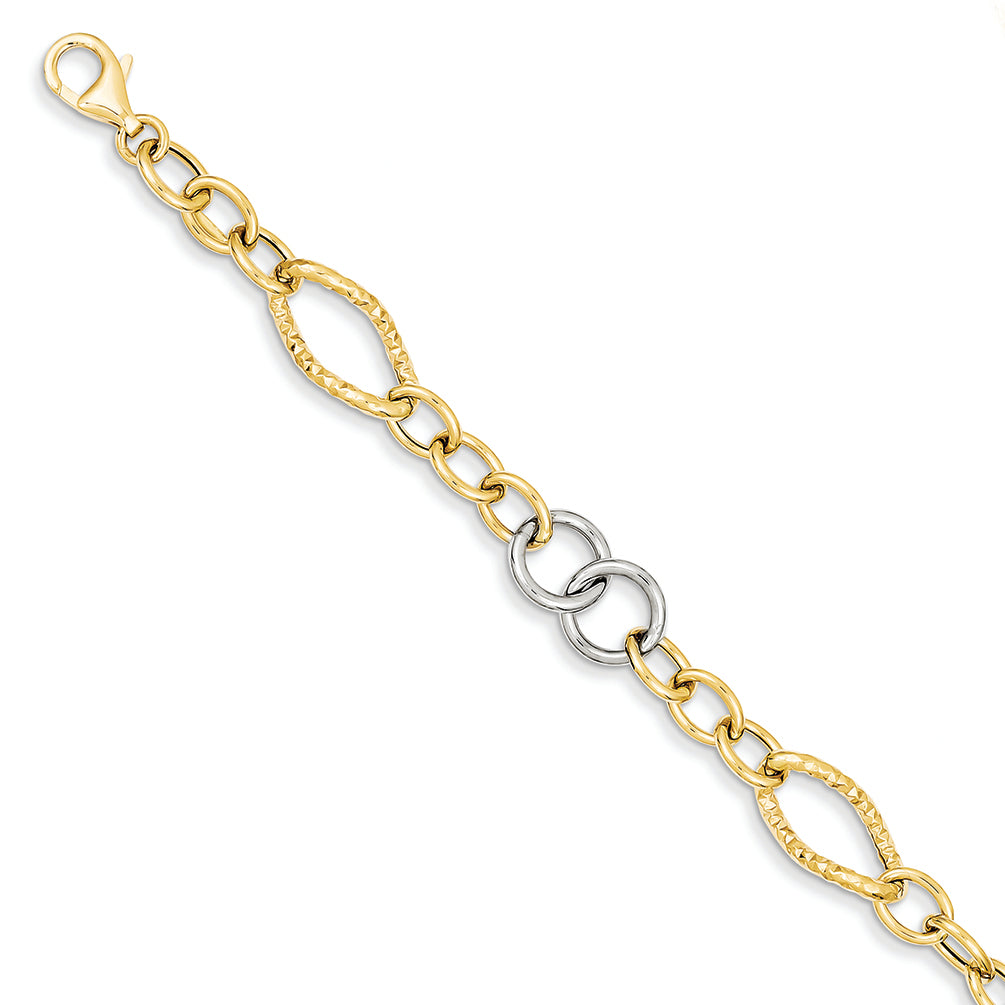 14K Gold Two Tone Polished Fancy Link Bracelet 7.5 Inches