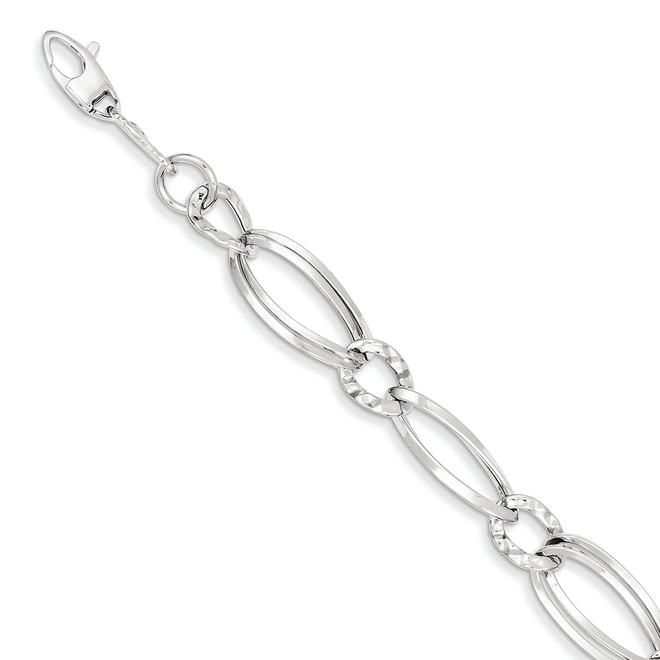 14K White Gold Polished and Textured Hollow w/ext. Bracelet 7 Inches