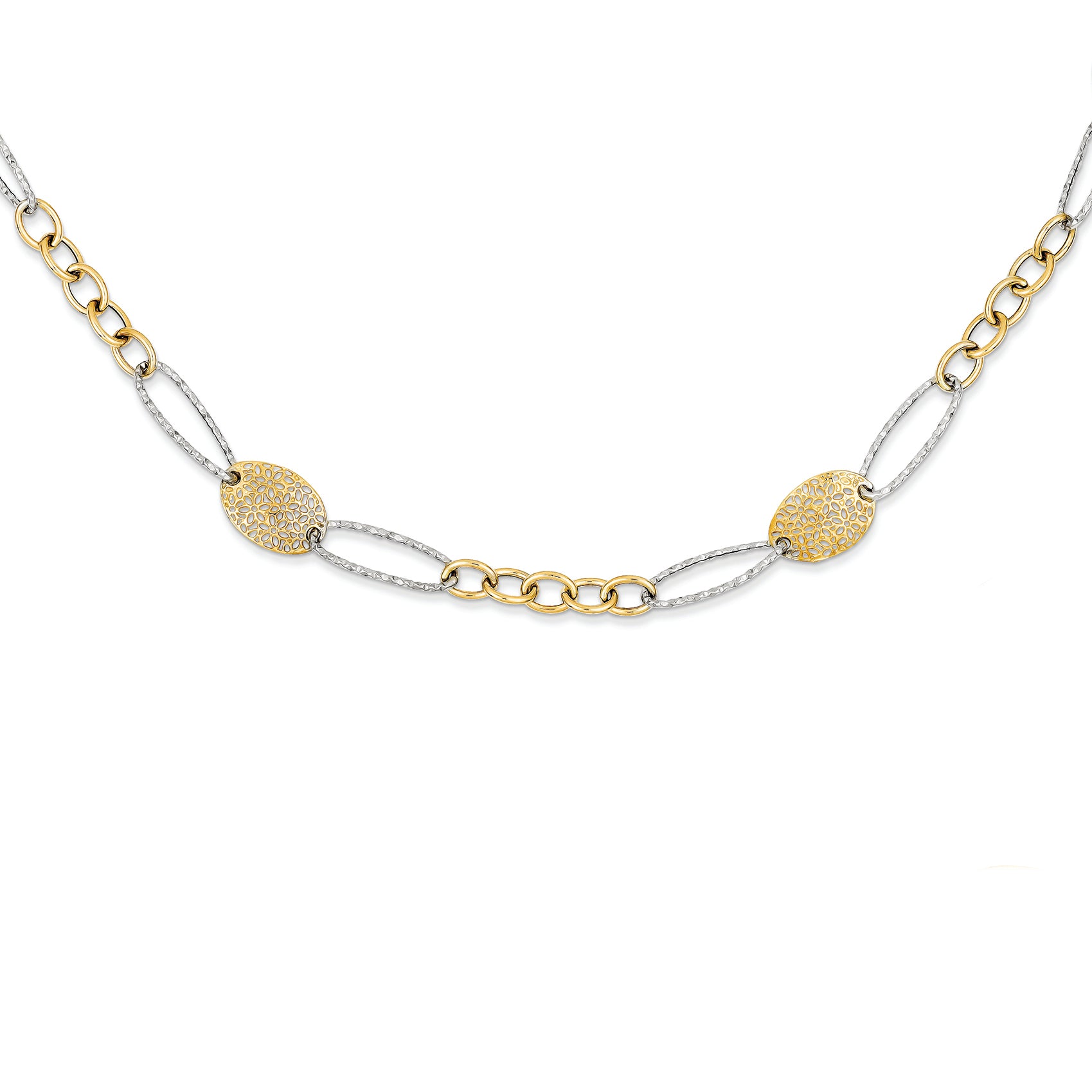14K Gold Two Tone Polished Fancy Link Chain 17 Inches