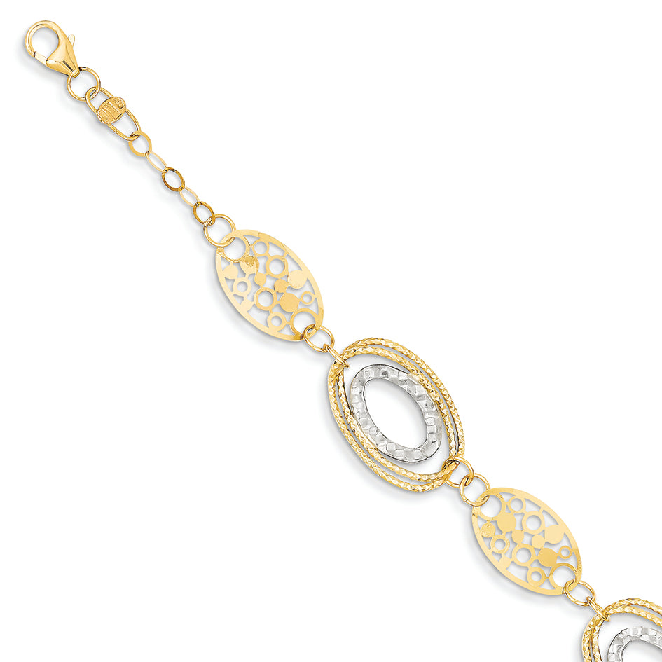 14K Gold Two-tone Textured & Polished Bracelet 8 Inches