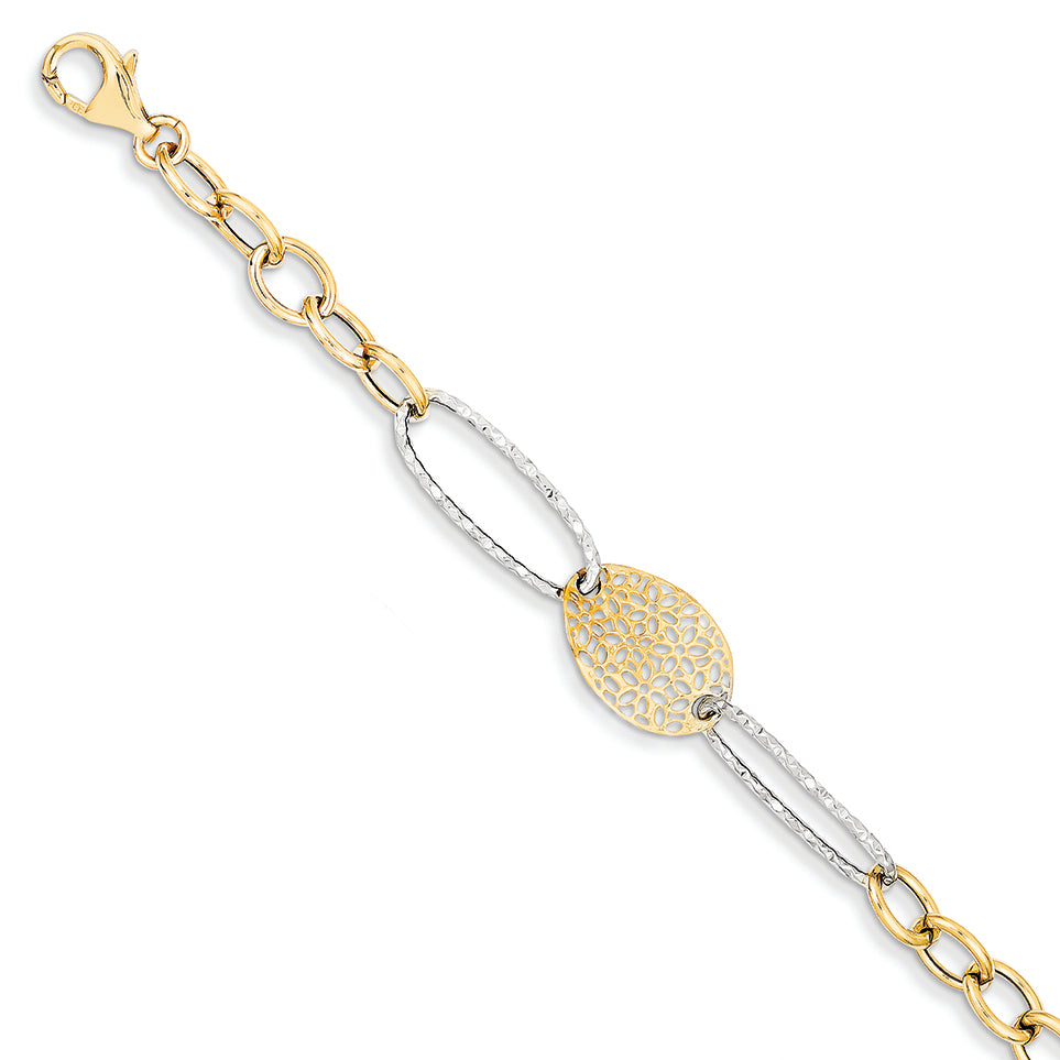 14K Gold Two Tone Polished Fancy Link Bracelet 7.5 Inches