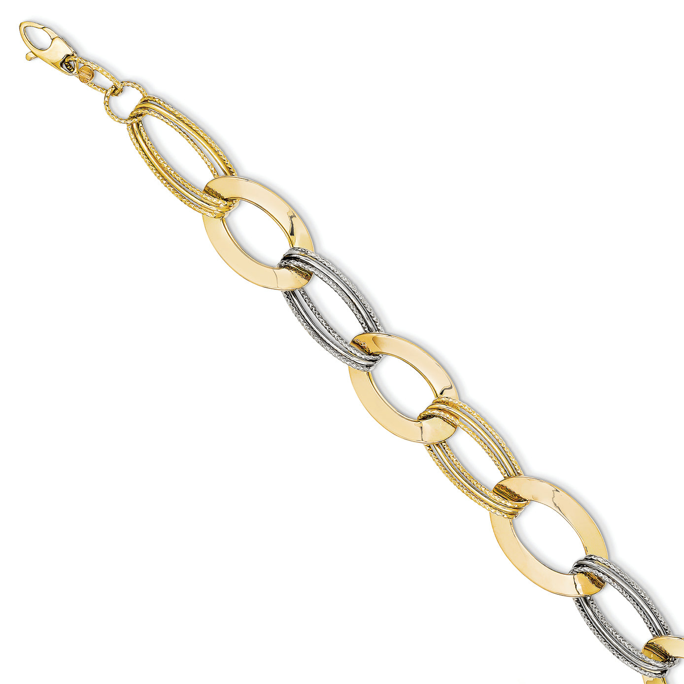 14K Gold Two-tone Polished and Textured Hollow w/ ext. Bracelet 7.5 Inches