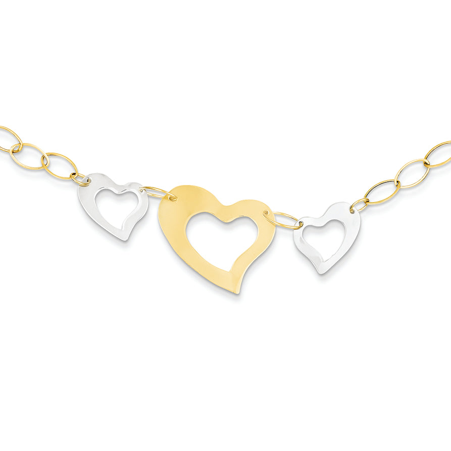 14K Gold Two-tone Oval Chain Link with Hearts W/ 2in Ext Necklace 18 Inches