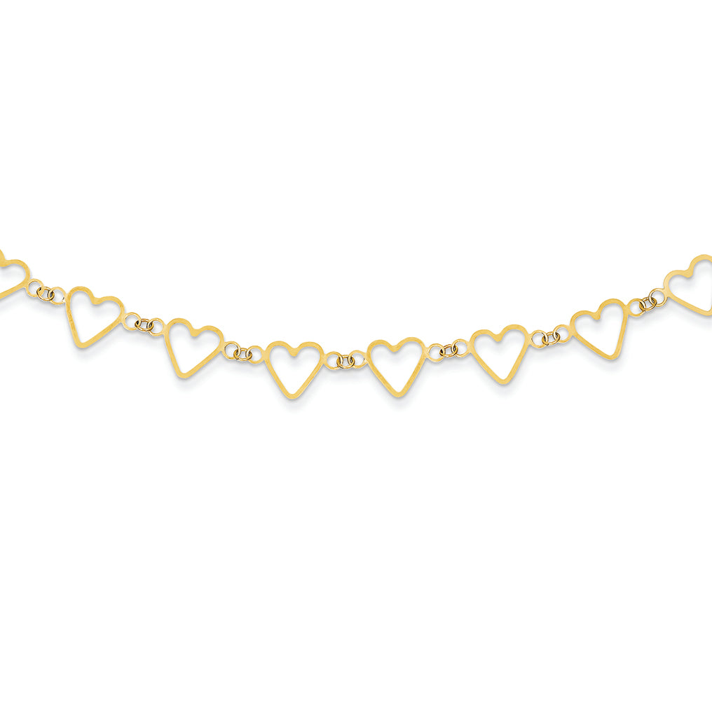 14K Gold Oval Cable with Open Flat Hearts Necklace 16 Inches