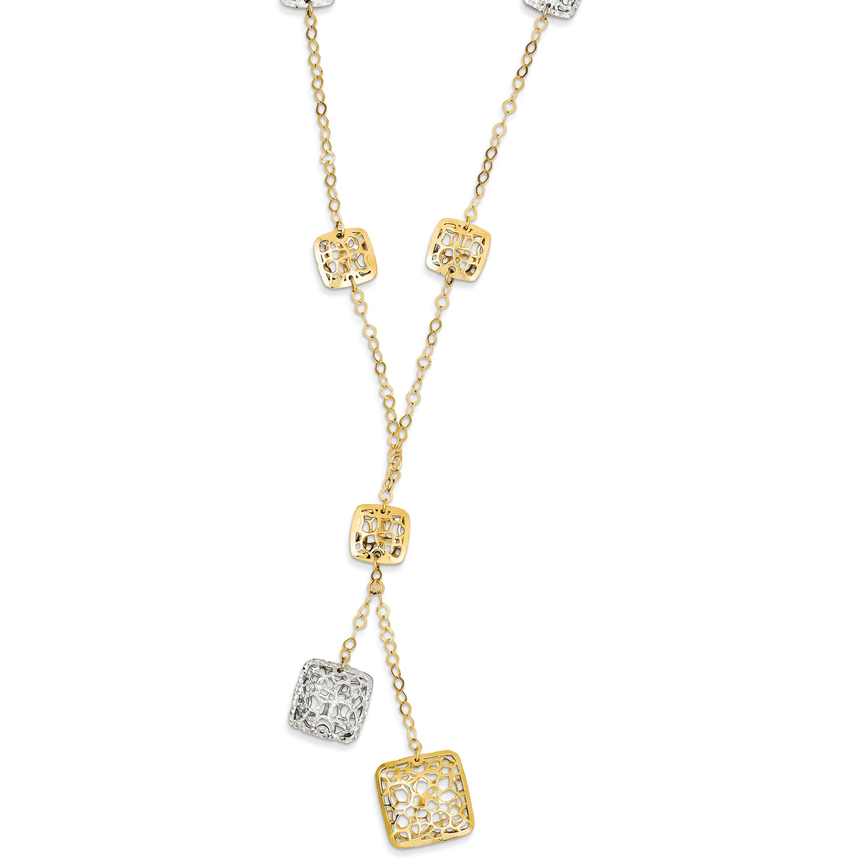14K Gold Two-tone Polished & Diamond Cut Square Dangle Necklace 17 Inches