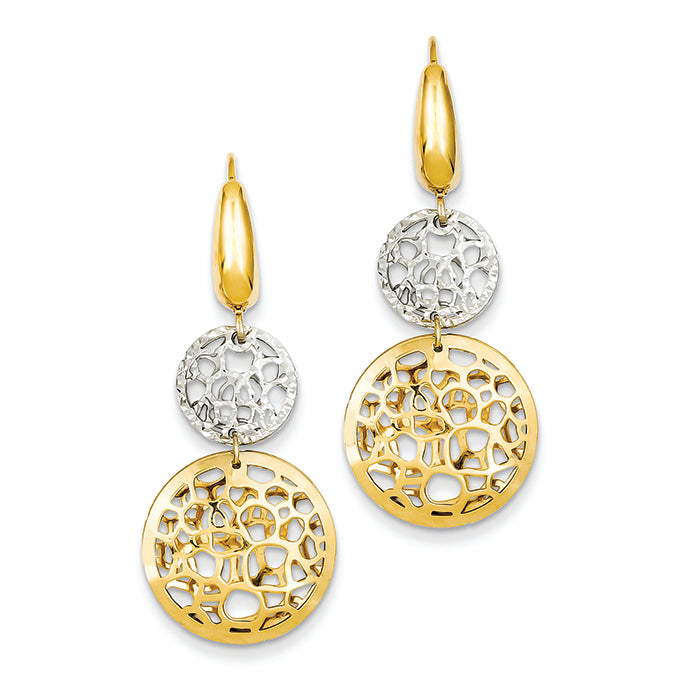 14K Gold Two-tone Polished & Diamond Cut Circle Leverback Earrings