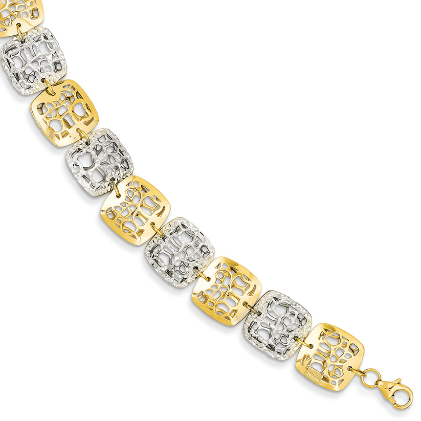14K Gold Two-tone Polished & Diamond Cut Square Bracelet 7 Inches