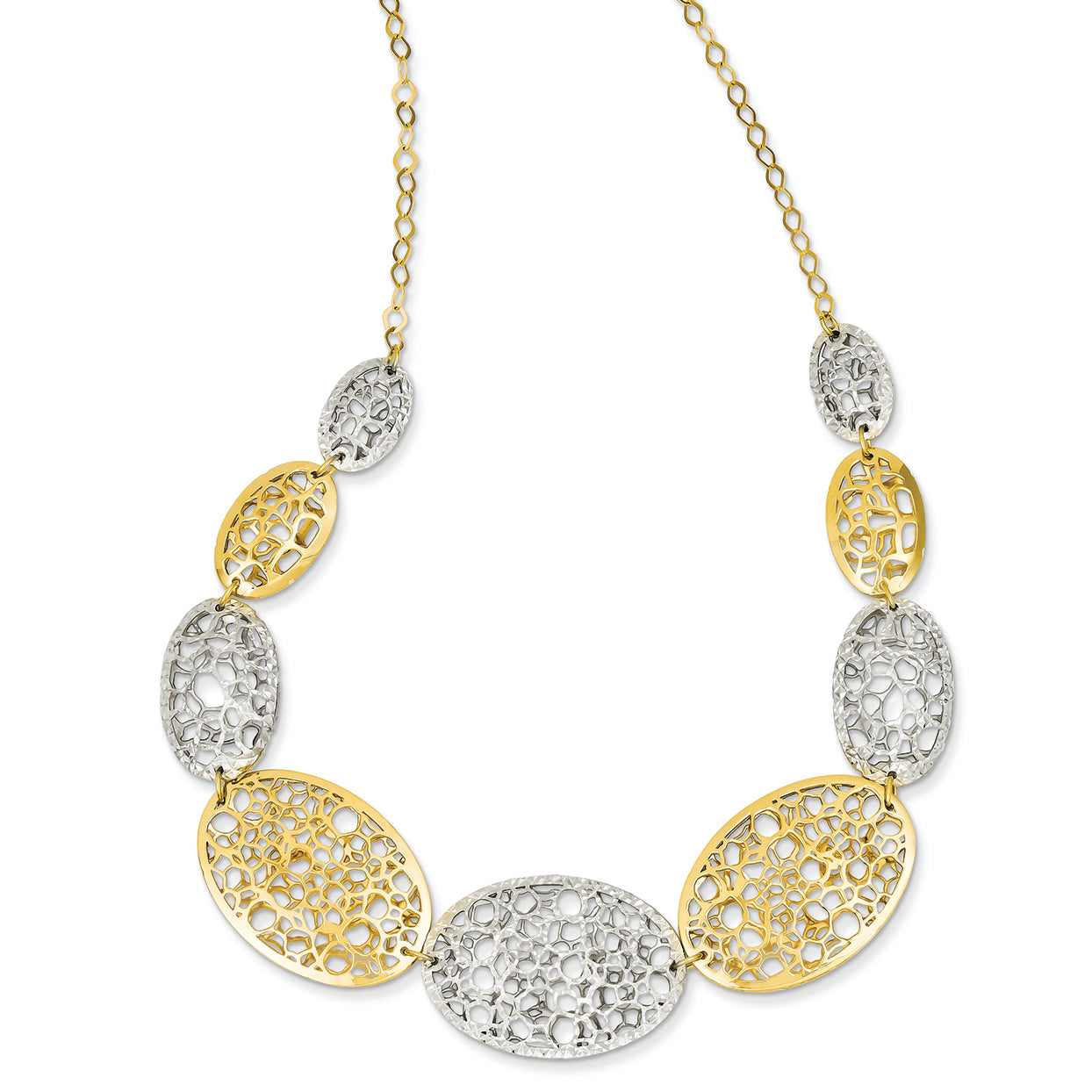 14K Gold Two-tone Polished & Diamond Cut Oval Shape Necklace 17 Inches