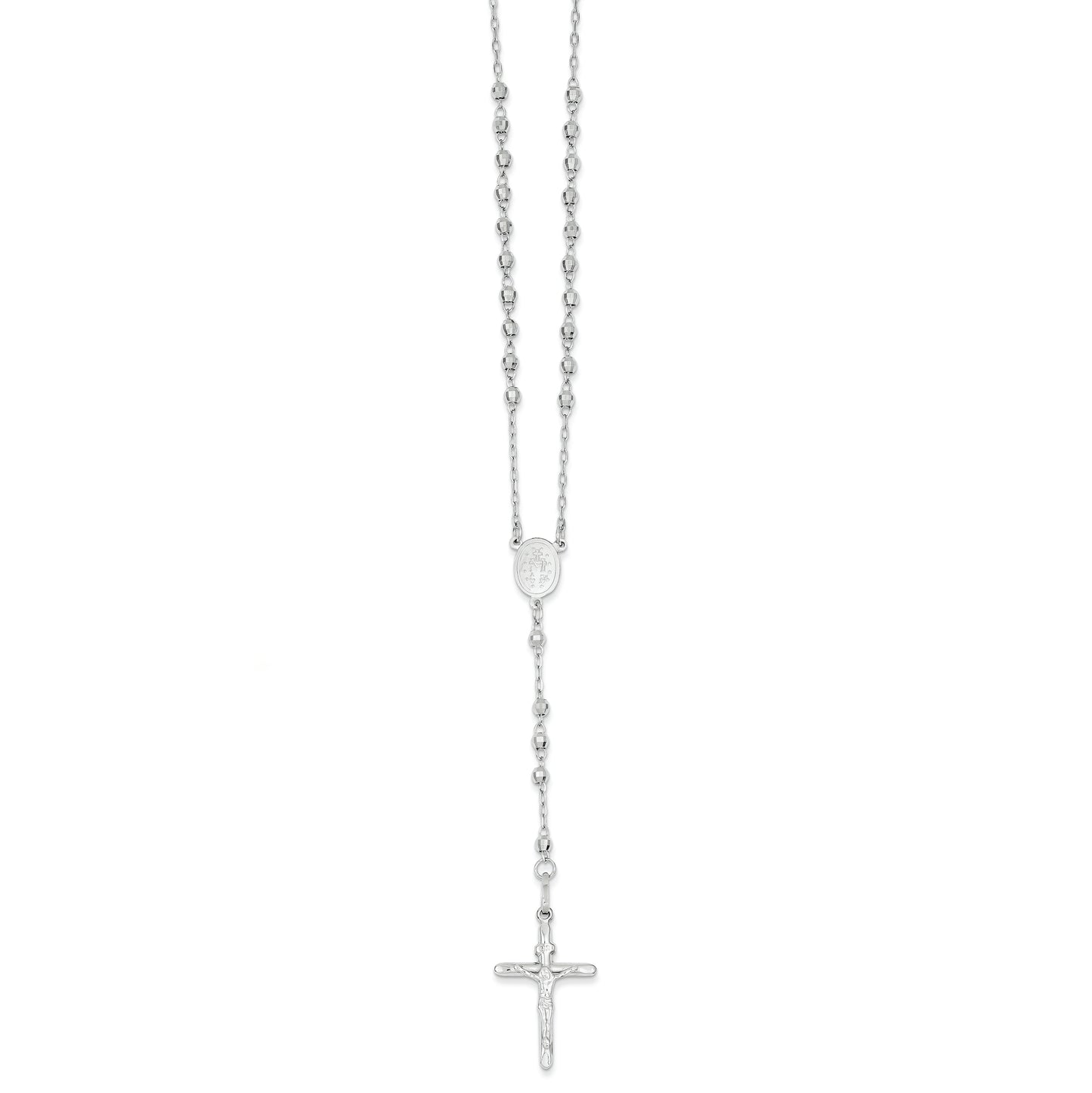 14K White Gold Diamond-cut 3mm Beaded Rosary Necklace 24 Inches