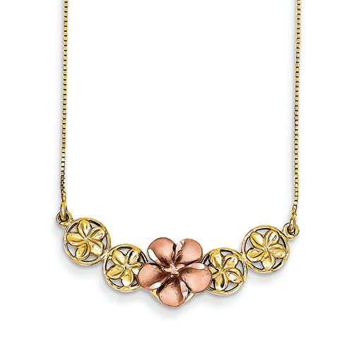 14K Gold Yellow & Rose Gold Diamond-cut Plumeria Necklace 16 Inches
