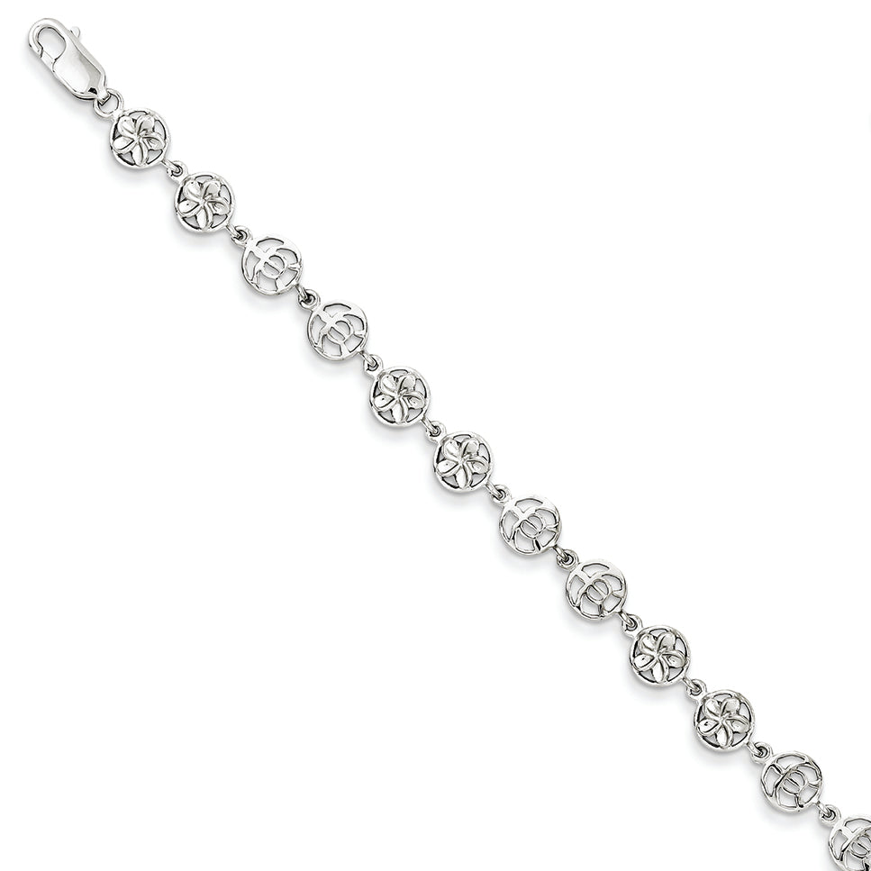 14K White Gold Flower & Turtle Circles Bracelet 7.5 Inches