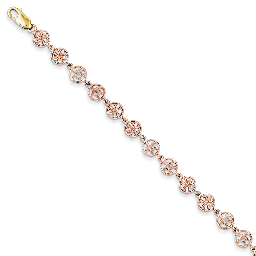 14K Gold Rose Gold Flower & Turtle Circles Bracelet 7.5 Inches