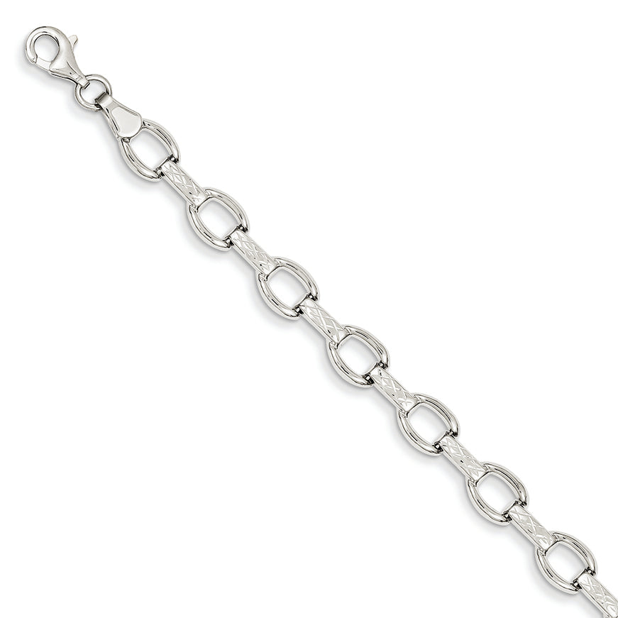 14K White Gold 7in Diamond-cut Satin Polished Fancy Bracelet 7 Inches
