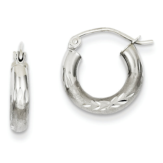 14K White Gold Satin & Diamond-cut 3mm Round Hoop Earrings