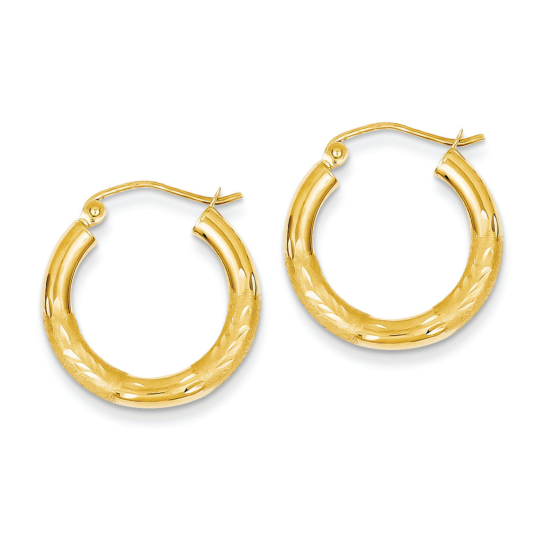 14K Gold Satin & Diamond-cut 3mm Round Hoop Earrings