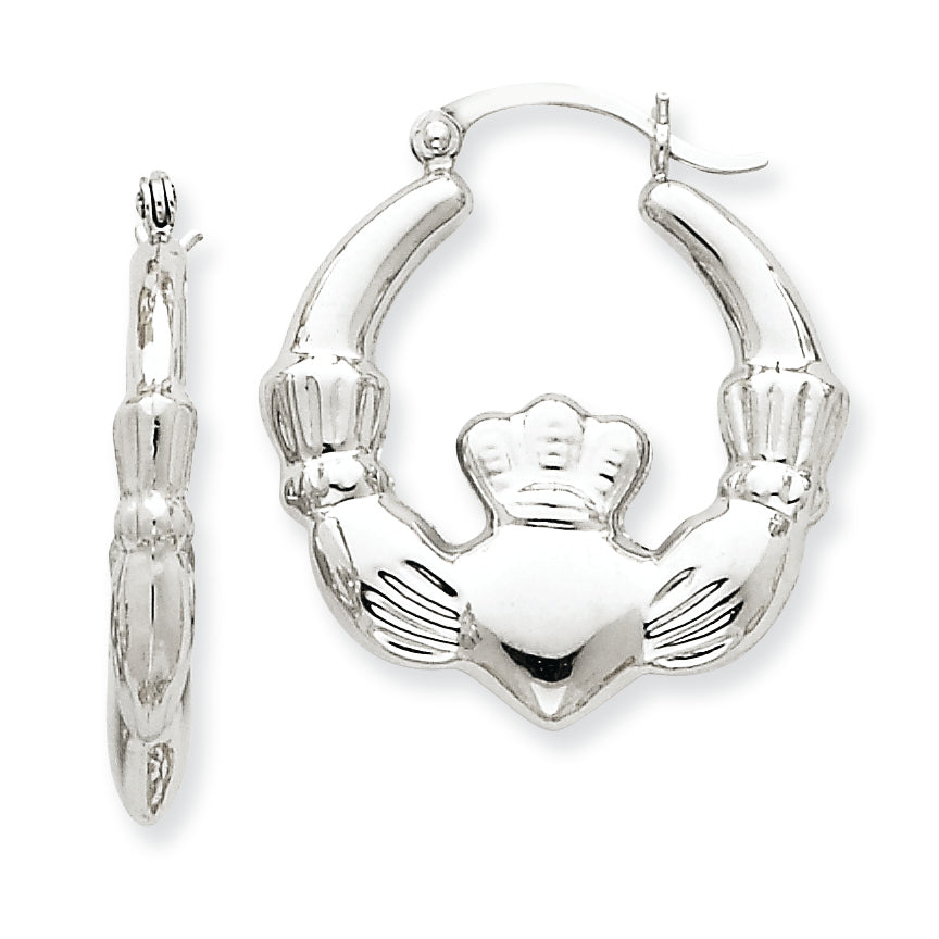 14K White Gold Claddagh Hoop Earrings