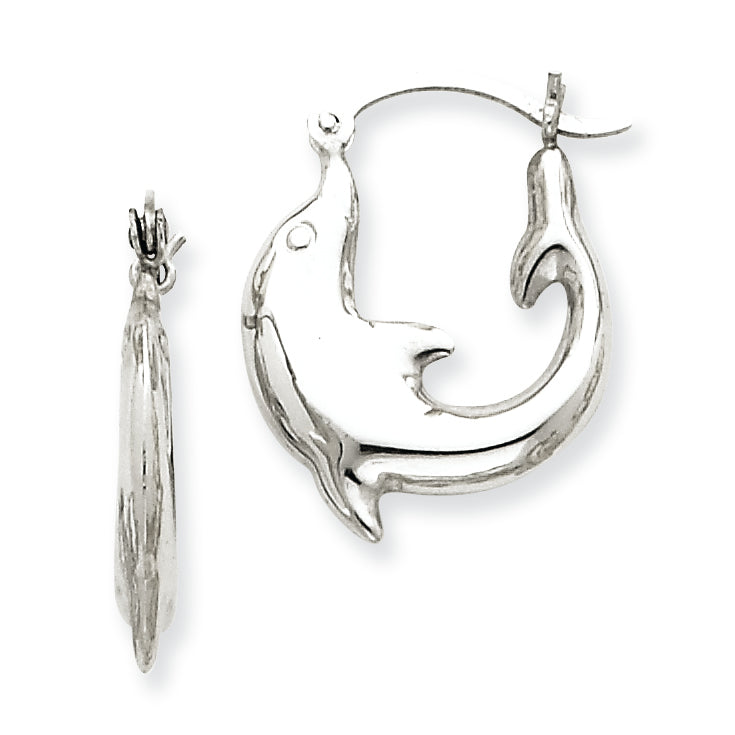 14K White Gold Polished Dolphin Hoop Earrings