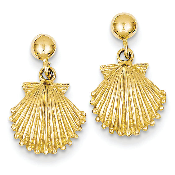 14K Gold Scallop Shell Dangle Post Earrings