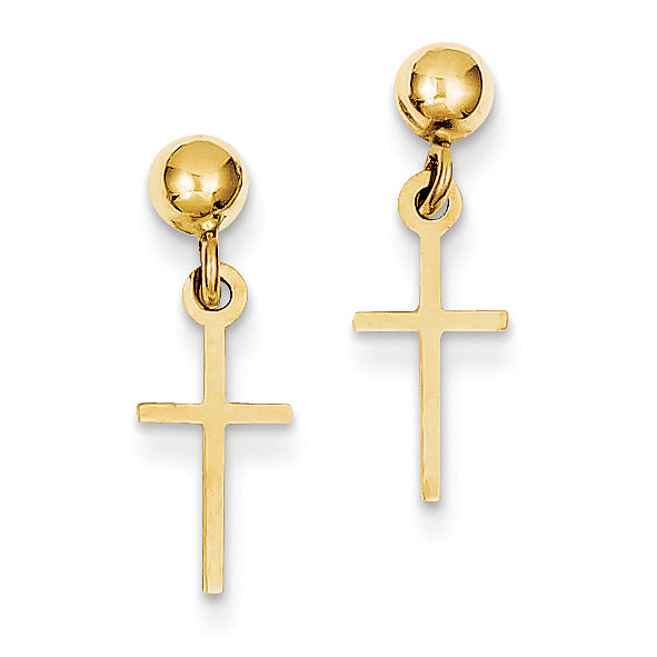 14K Gold Polished Cross Dangle Post Earrings