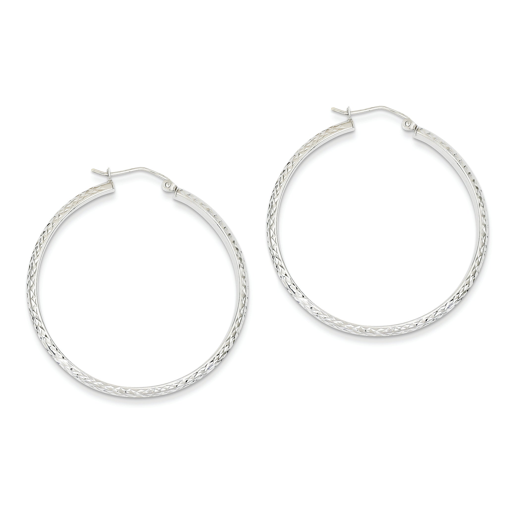 14K White Gold Diamond Cut 3.5x38mm Hollow Hoop Earrings