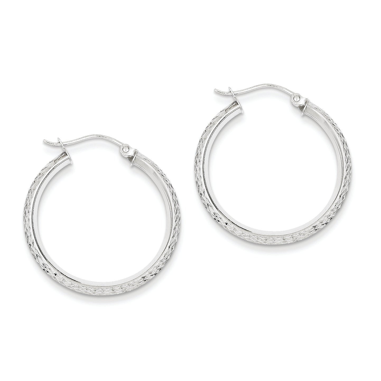14K White Gold Knife Edge Diamond Cut 2.5x25mm Hoop Earrings