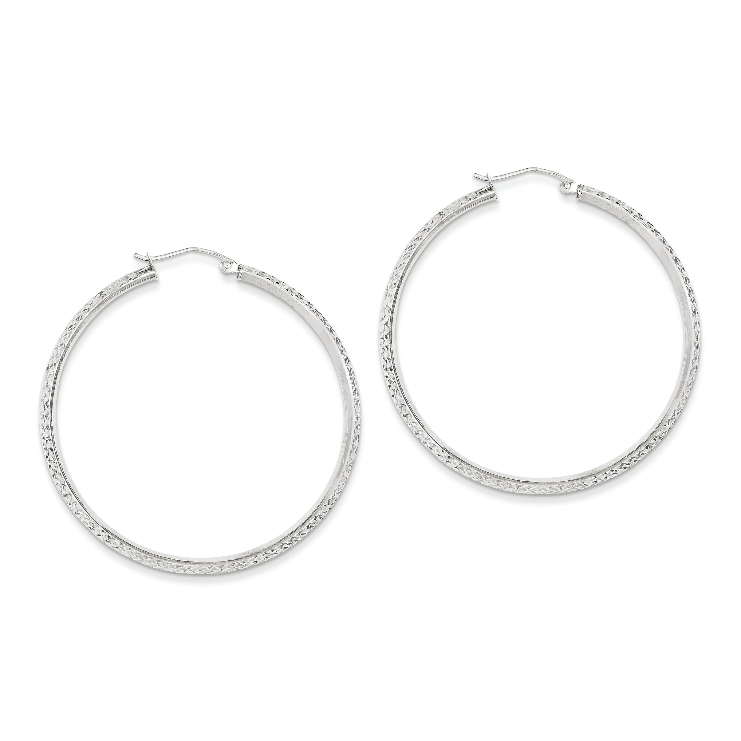 14K White Gold Knife Edge Diamond Cut 2.5x45mm Hoop Earrings