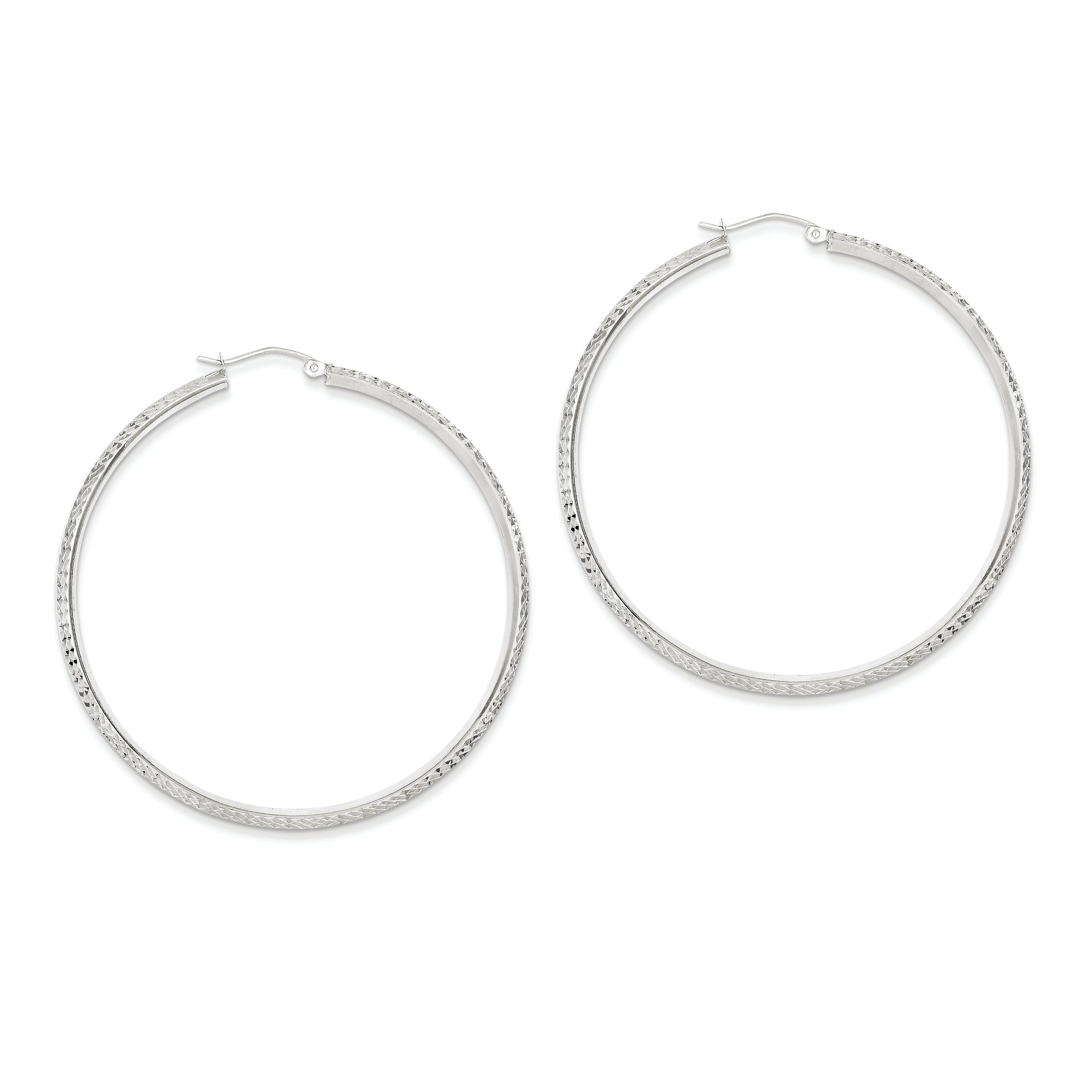 14K White Gold Knife Edge Diamond Cut 2.5x55mm Hoop Earrings