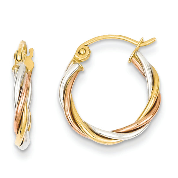 14K Gold Tri-color Polished 2.5mm Twisted Hoop Earrings