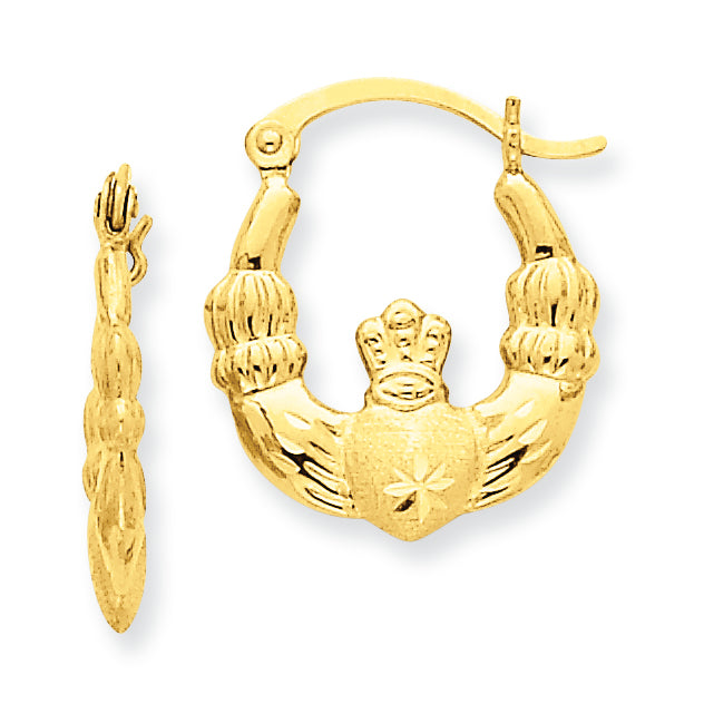 14K Gold Polished & Satin Claddagh Hoop Earrings
