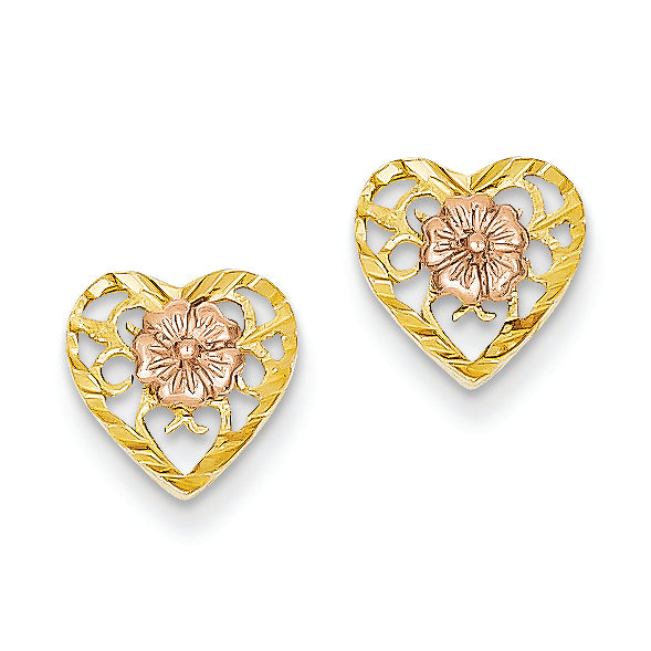 14K Gold Two-tone Heart Flower Center Post Earrings