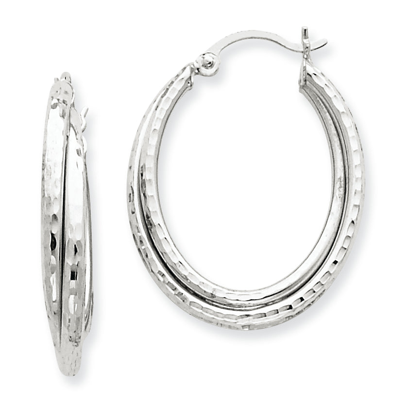 14K White Gold D/C Polished Oval Hoop Earring